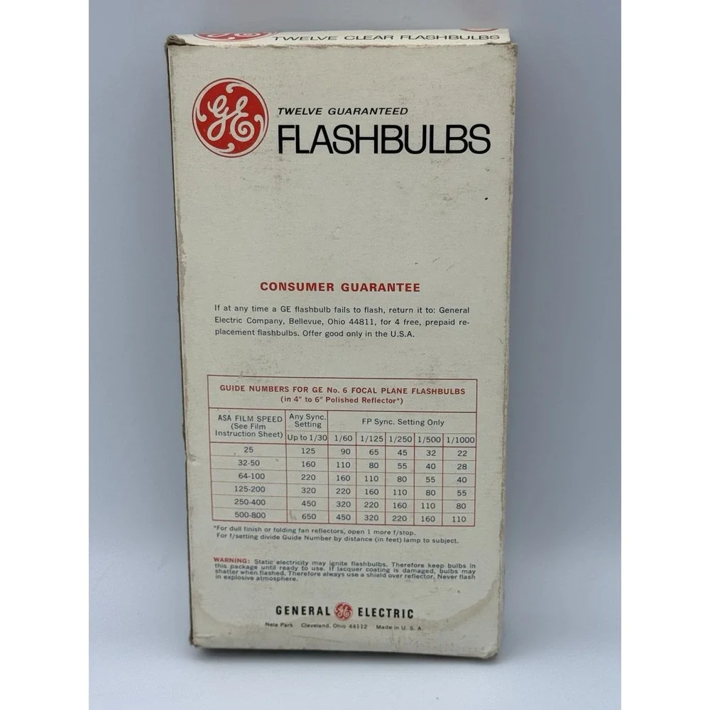 Vtg GE No. 6 Flashbulbs 8/12 Clear Bulbs w/ Original Box 1950s Photography USA